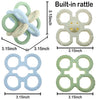 A set of three silicone teether rattle chew toys in light blue, green, and white.