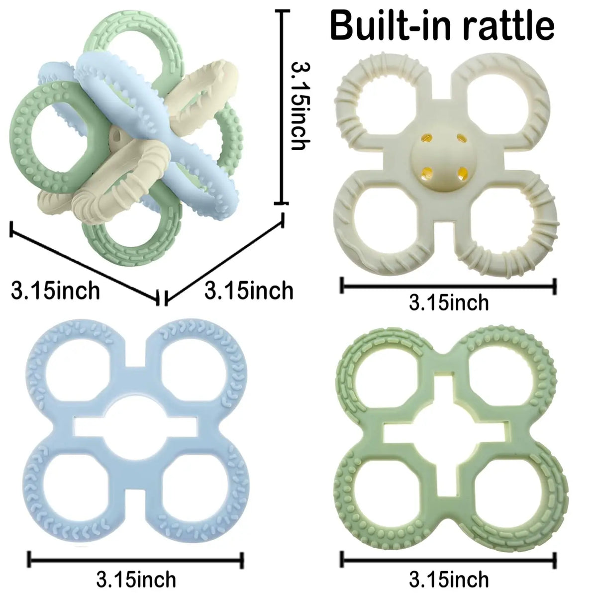 A set of three silicone teether rattle chew toys in light blue, green, and white.