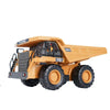 A yellow remote control construction excavator truck with black details and large tires.