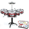 A kids jazz drum set with multiple plastic drums and cymbals mounted on a stand for early music learning