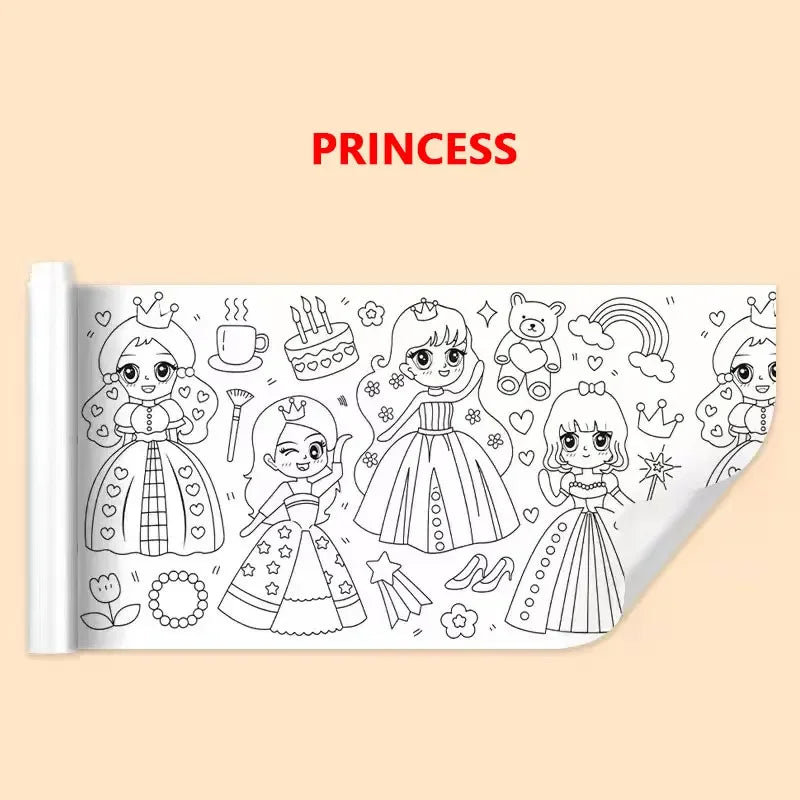 A roll of kids sticky coloring paper featuring illustrations of a princess and various cute elements like a cake, teddy bear,
