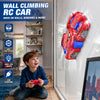 A red remote control stunt car with LED lights is shown climbing a glass wall, demonstrating wall climbing toy features.