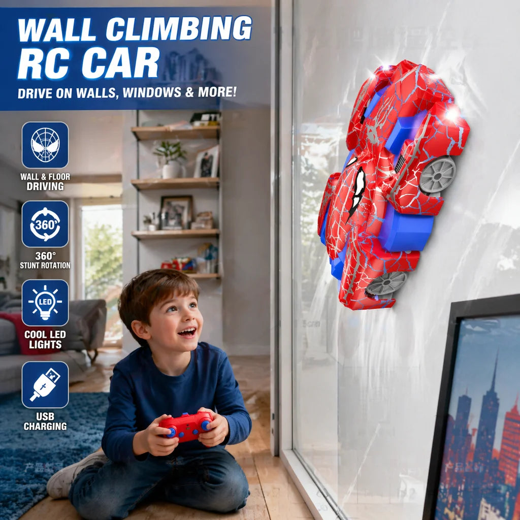 A red remote control stunt car with LED lights is shown climbing a glass wall, demonstrating wall climbing toy features.
