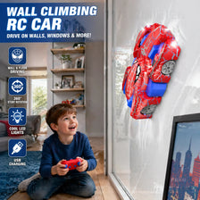 A red remote control stunt car with LED lights is shown climbing a glass wall, demonstrating wall climbing toy features.