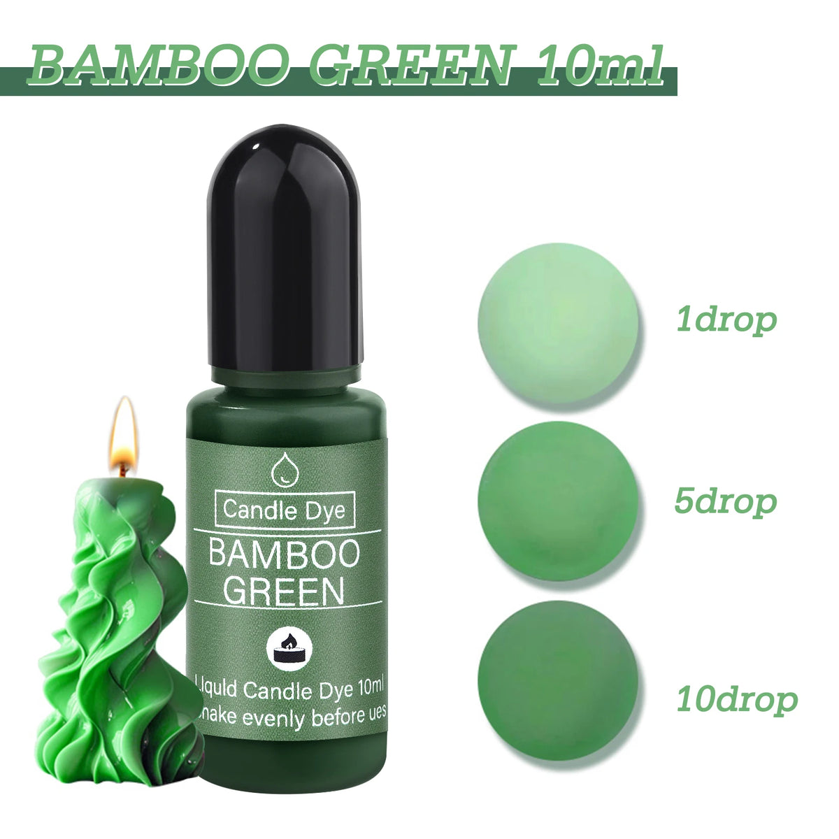 A bottle of Bamboo Green 10ml candle dye with dropper, showing single, five, and ten drops.
