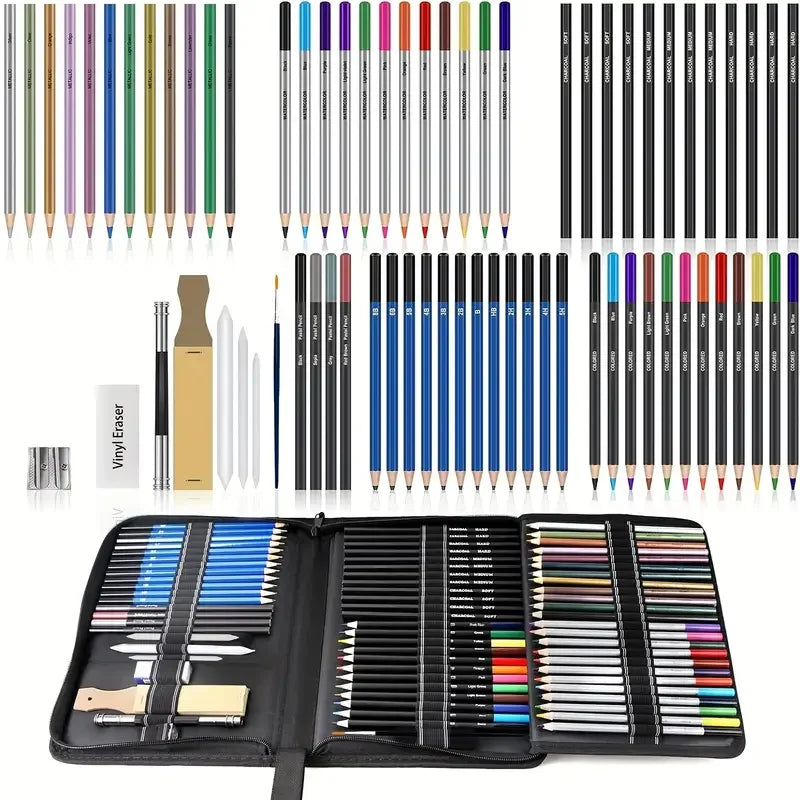A collection of 72 professional drawing and sketching art pens and erasers displayed in an open case.