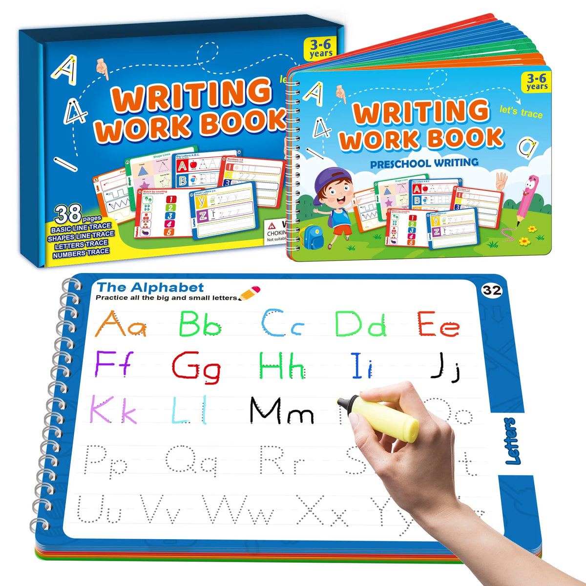 A set of three writing workbooks for preschool children featuring alphabet tracing and writing practice.