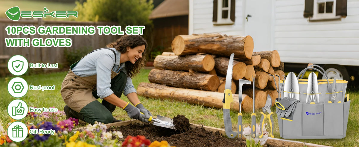 9-Piece Heavy Duty Gardening Tool Set with Ergonomic Handles and Storage Bag