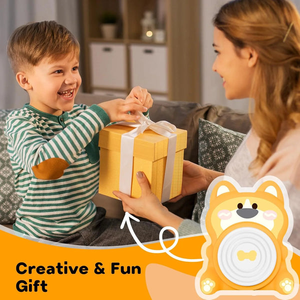 A child is receiving a yellow gift box from an adult, with a creative and fun gift kit visible.