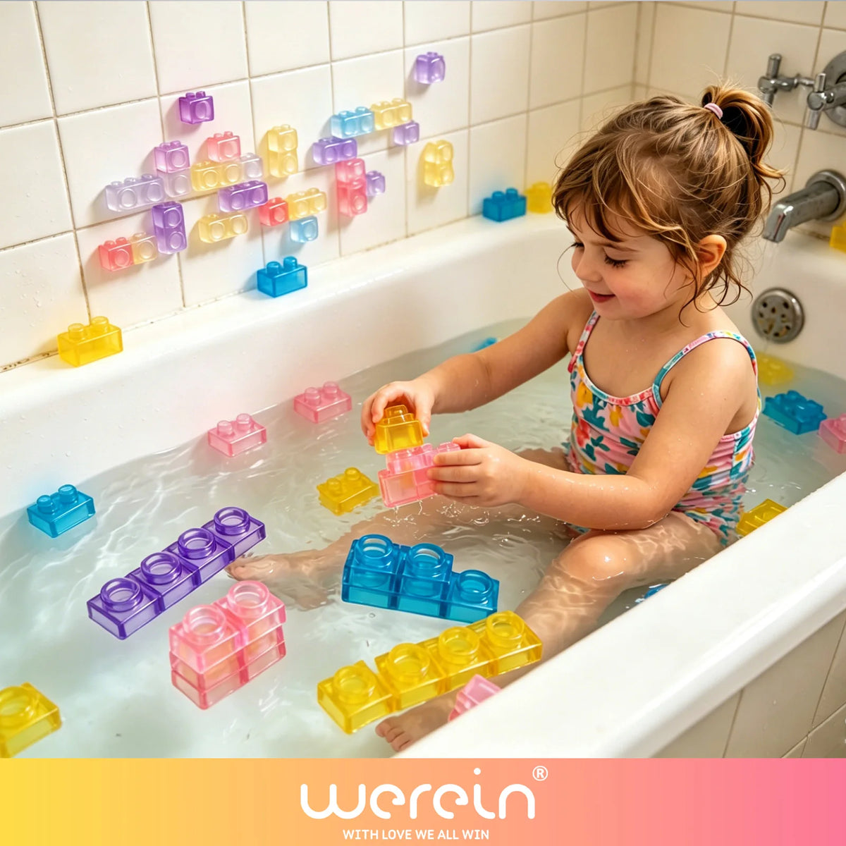 A young girl plays with colorful soft jelly building blocks in a bathtub.