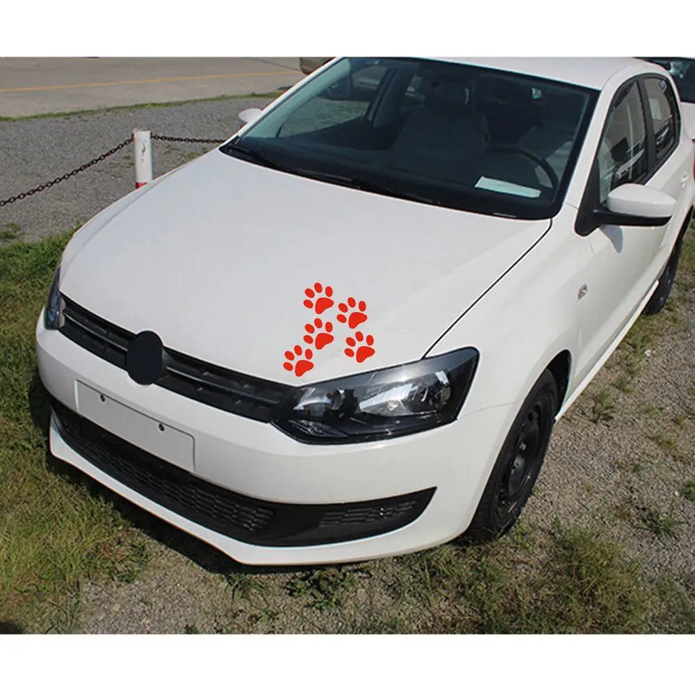 White car front view with a set of orange paw print vinyl stickers on the hood and grille.