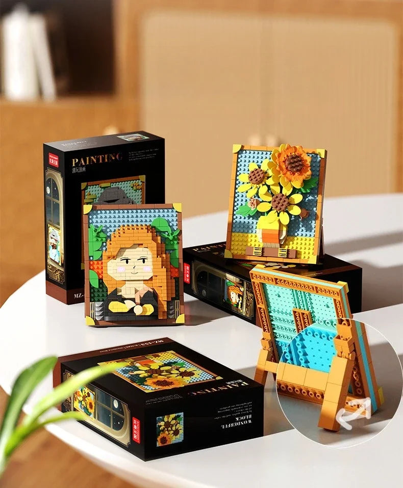 A collection of painting blocks featuring sunflower pixel art in various sizes and colors.