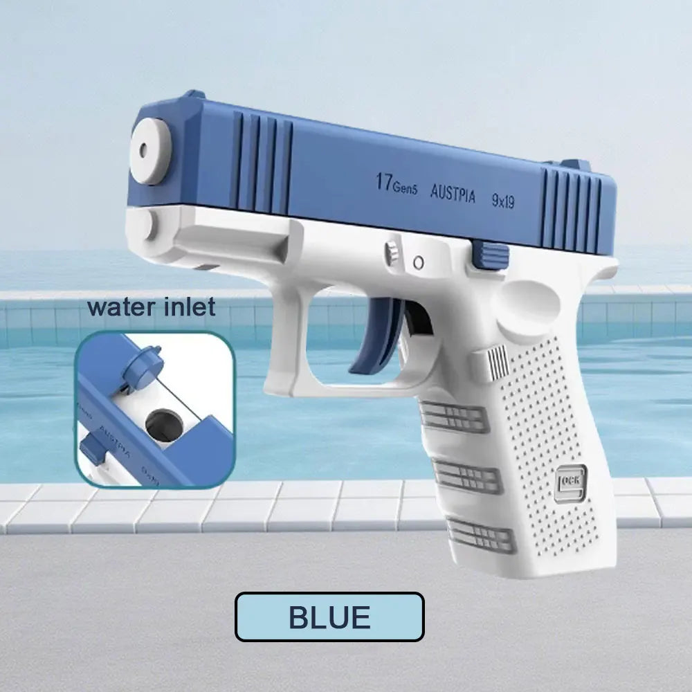A white tactical water blaster pistol is shown next to a swimming pool, with an inset showing the water inlet.