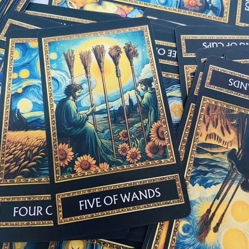 A deck of Van Gogh-inspired tarot cards featuring the Five of Wands card.