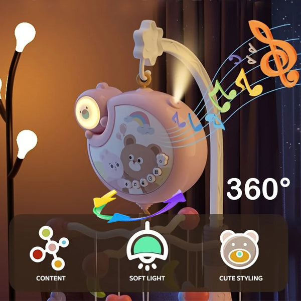 A pink baby crib mobile night light with a musical theme, featuring content, soft light, and cute styling.