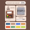 A set of eight color watercolors in a wooden box with a long tail clip, a painting notebook, and a fountain pen.