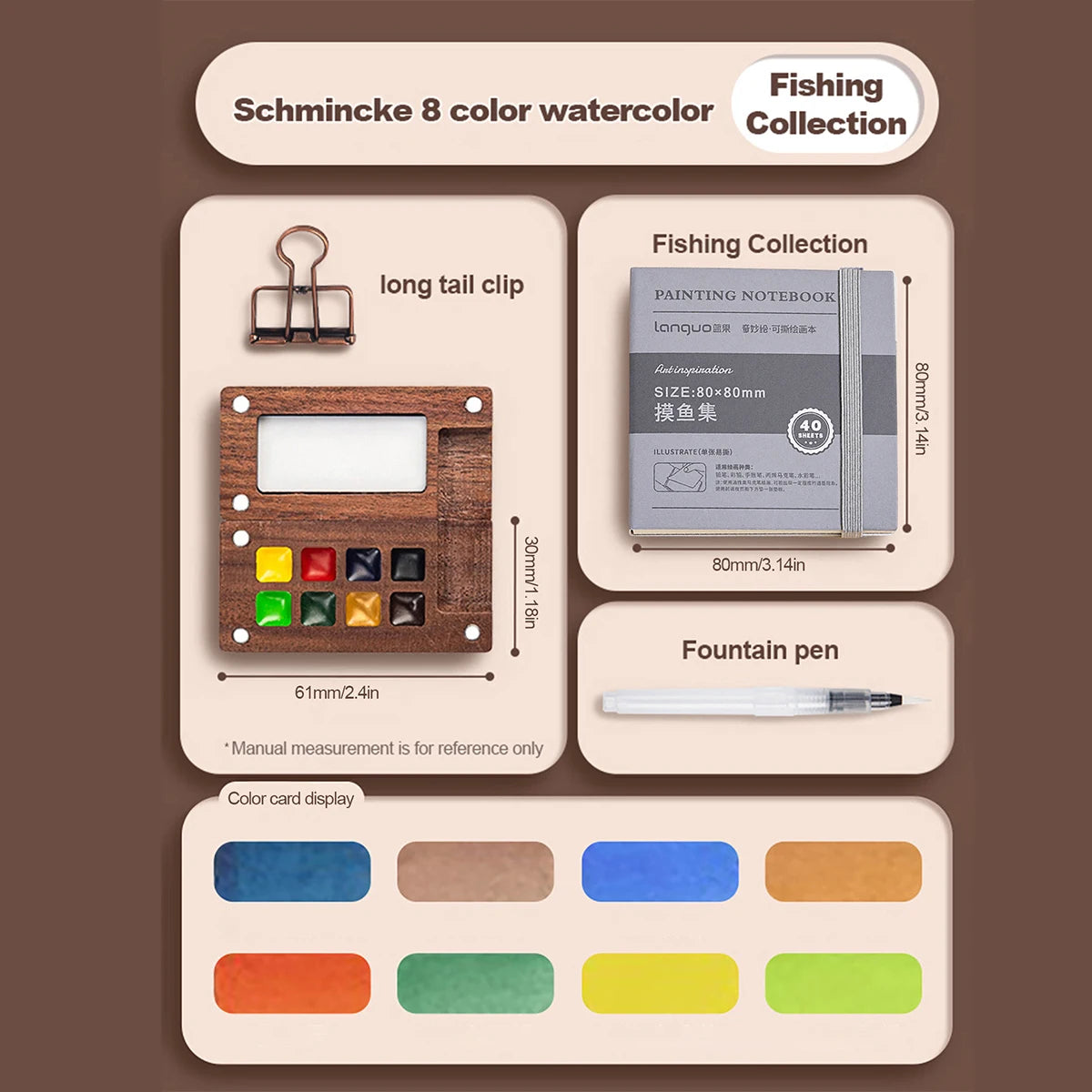 A set of eight color watercolors in a wooden box with a long tail clip, a painting notebook, and a fountain pen.