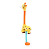 A yellow giraffe spray water toy with an orange neck and blue body.