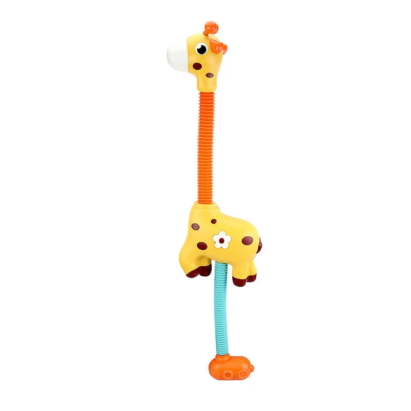 A yellow giraffe spray water toy with an orange neck and blue body.