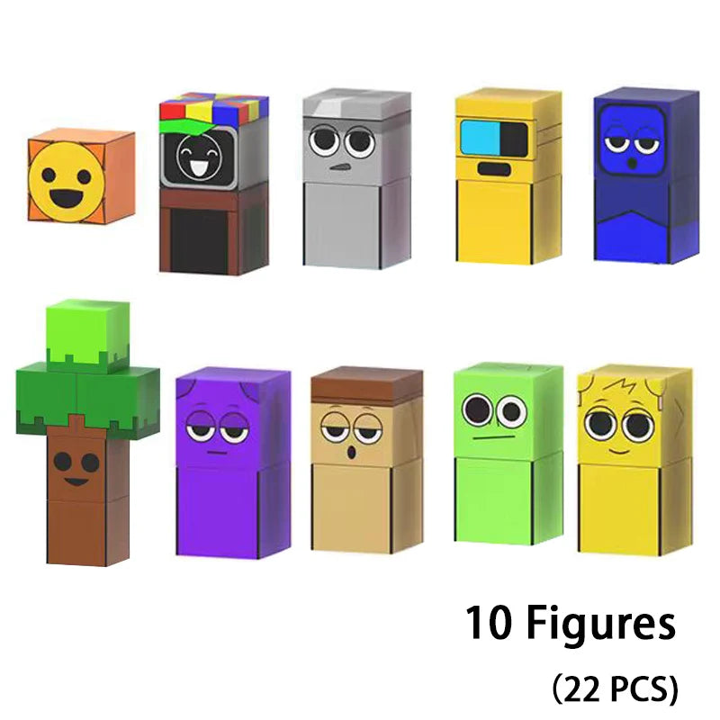 A set of 10 colorful magnetic building block figures in various colors and styles for kids