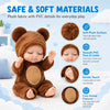 A brown fluffy animal costume for a baby doll with PVC details, showing soft fabric and smooth finish.