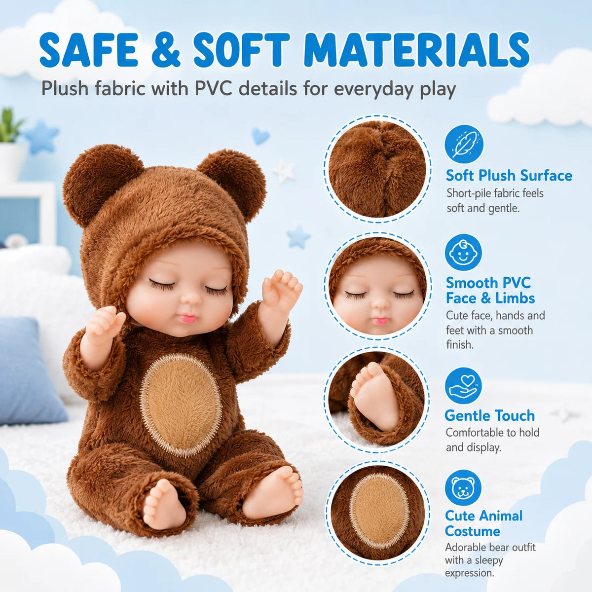 A brown fluffy animal costume for a baby doll with PVC details, showing soft fabric and smooth finish.