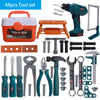 A collection of tools including a drill, pliers, wrenches, hammers, and various hand tools for a kids toolbox set.