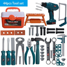 A collection of tools including a drill, pliers, wrenches, hammers, and various hand tools for a kids toolbox set.