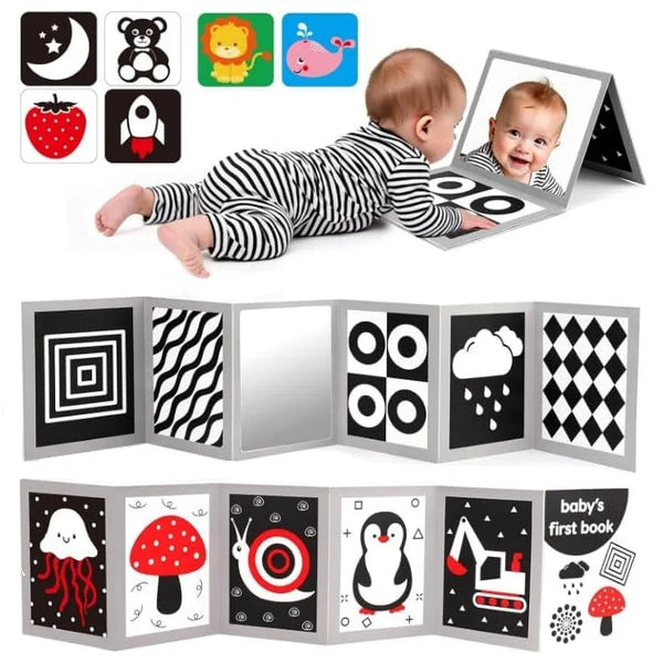 A set of high contrast baby development cards featuring various shapes and animals for learning.