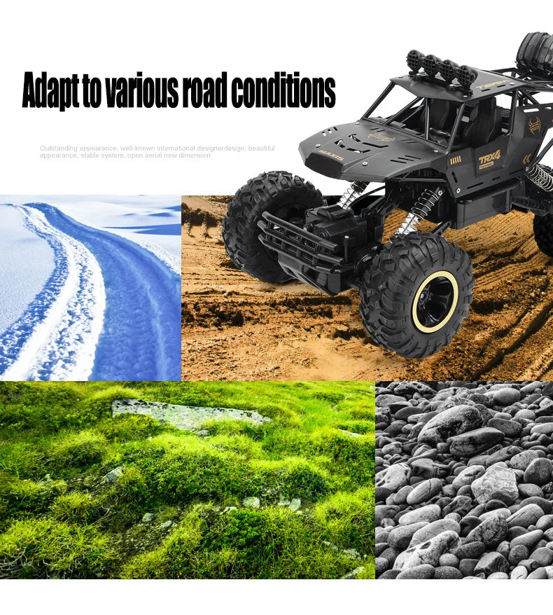 A black high-speed 4WD off-road RC truck is shown navigating various terrains including snow, dirt, and grass.