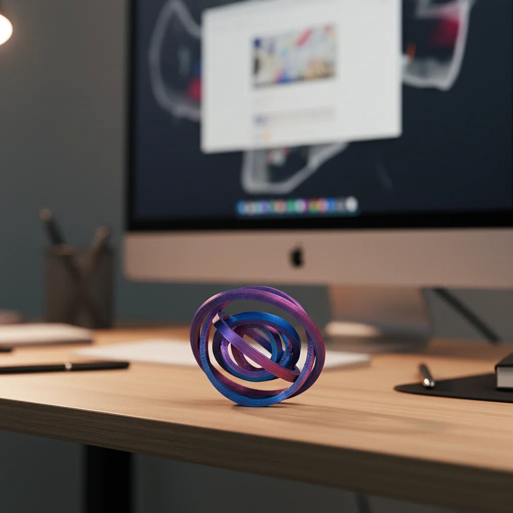 A purple and blue rainbow spinner ring resting on a wooden desk in front of a computer monitor.