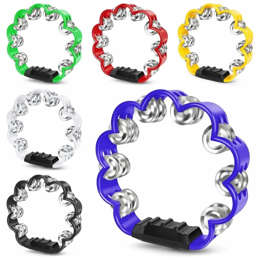 A collection of petal-shaped hand-cranked tambourines in various colors and grips.