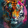 A vibrant, expressive painting of a tiger's face with intense yellow eyes and orange fur.