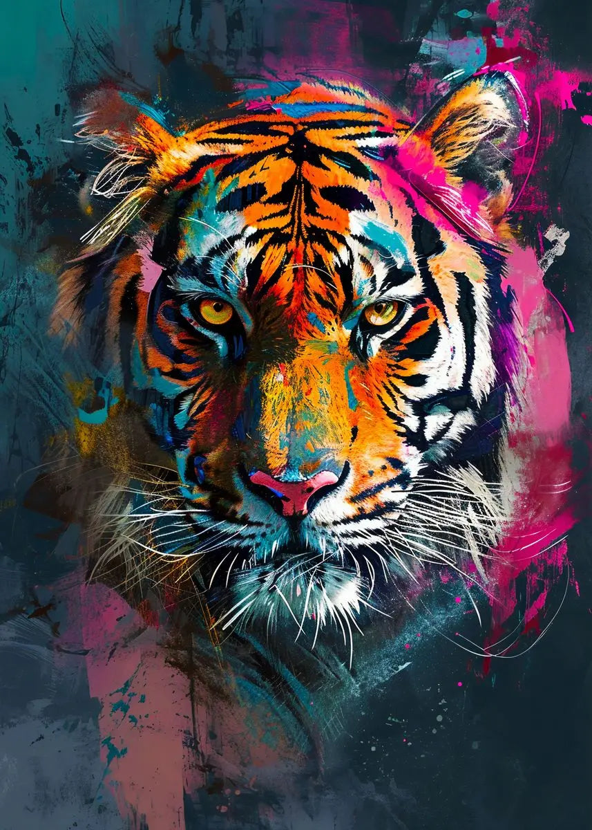A vibrant, expressive painting of a tiger's face with intense yellow eyes and orange fur.