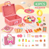 A pink wicker picnic basket set featuring 43 pieces of pretend play food and accessories for a tea party.