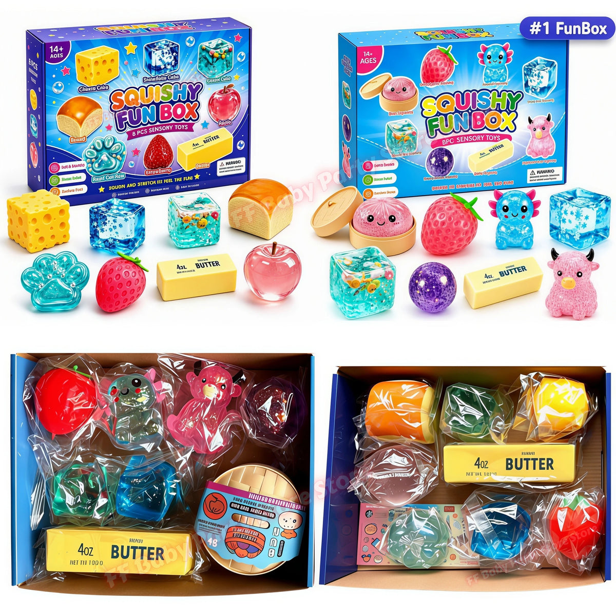 A box of squishy toys featuring various fruit and animal shapes including strawberries, apples, and a pink cat.