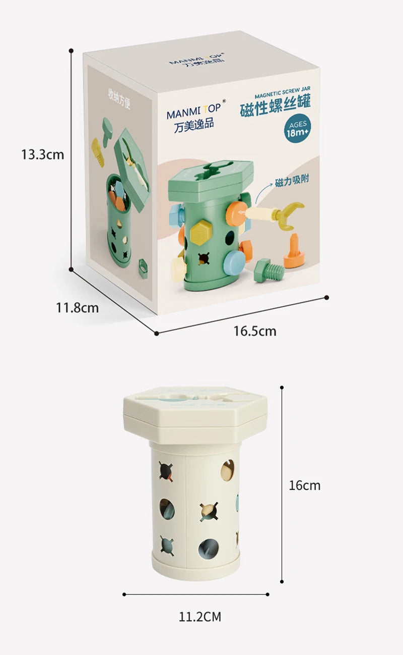 A box of MANMI OP magnetic screw jar toy for toddlers featuring various shapes and a screwdriver tool.