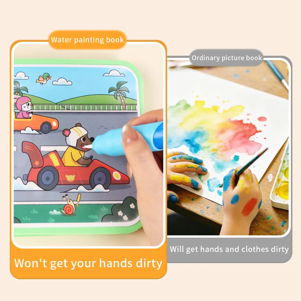 A watercolor painting book showing a child drawing a car on a board, with a separate picture demonstrating paint usage.