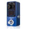 A blue compact looper pedal with a silver knob and an LED display showing colored lights.