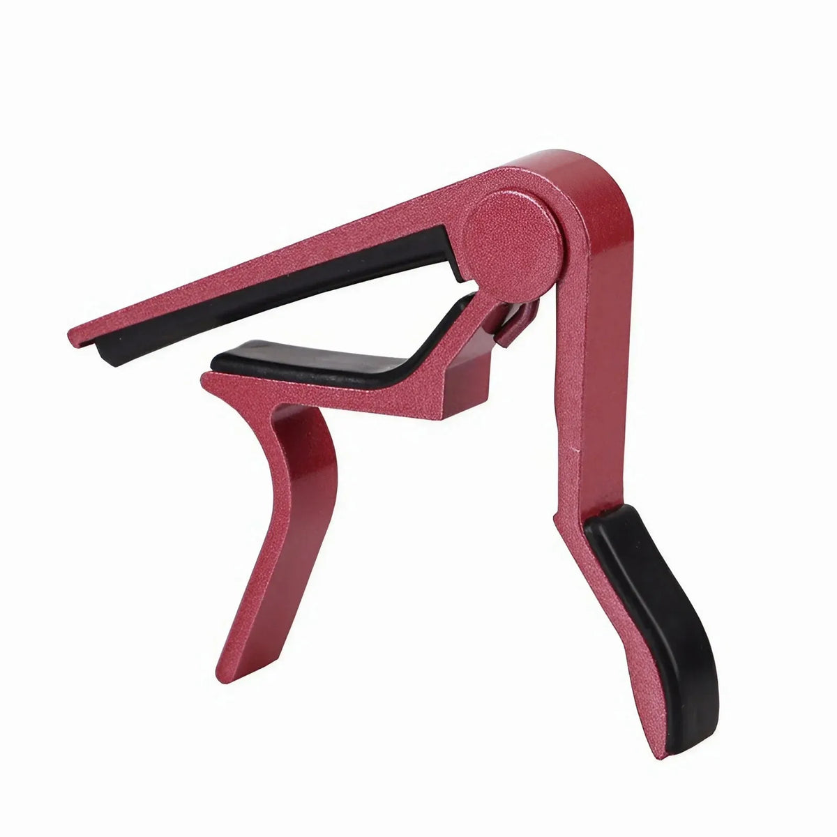 A red and black aluminum alloy quick-change guitar capo.