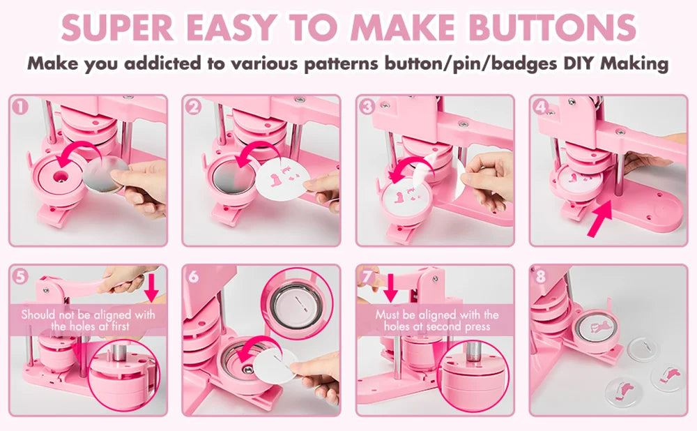 A pink multi-size button making machine kit showing various steps for creating buttons, pins, and badges.