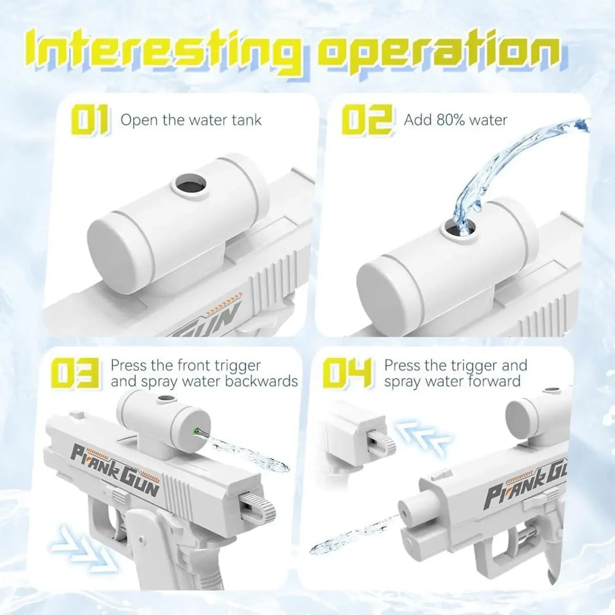 A set of white two-way prank water guns demonstrating opening the tank, adding water, and spraying water forward or backward.
