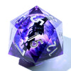 A handmade resin D20 die with a large purple and blue liquid swirl pattern.