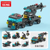 A 6 in 1 set of LEGO building blocks featuring a police helicopter and SWAT carrier vehicle.