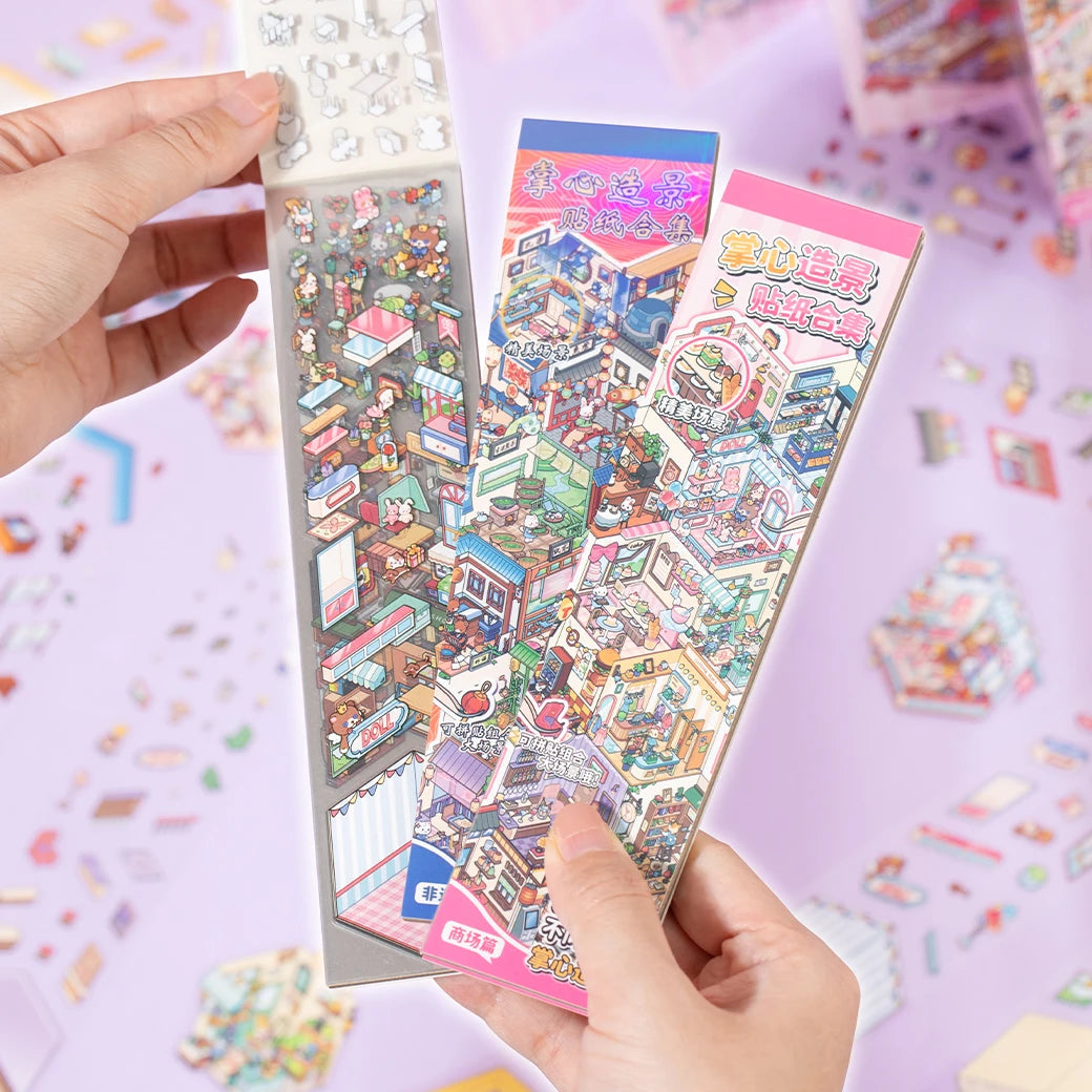 A hand holds a rectangular package of 3D landscape stickers, showing colorful miniature scenes and Japanese text.