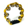 A gold-colored, petal-shaped hand-cranked tambourine with an ergonomic grip.
