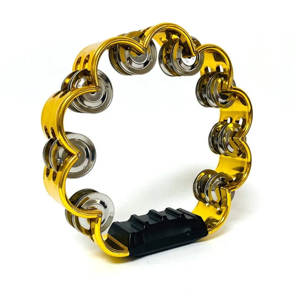 A gold-colored, petal-shaped hand-cranked tambourine with an ergonomic grip.