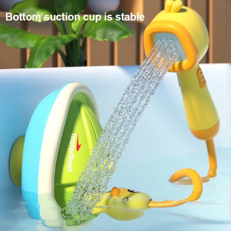 A yellow duck water spray bath toy is shown spraying water onto a green plant.