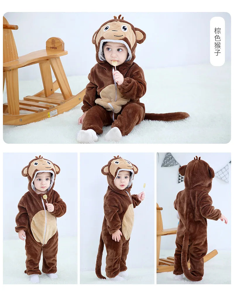 A brown animal hooded romper for a baby sitting on a white surface.