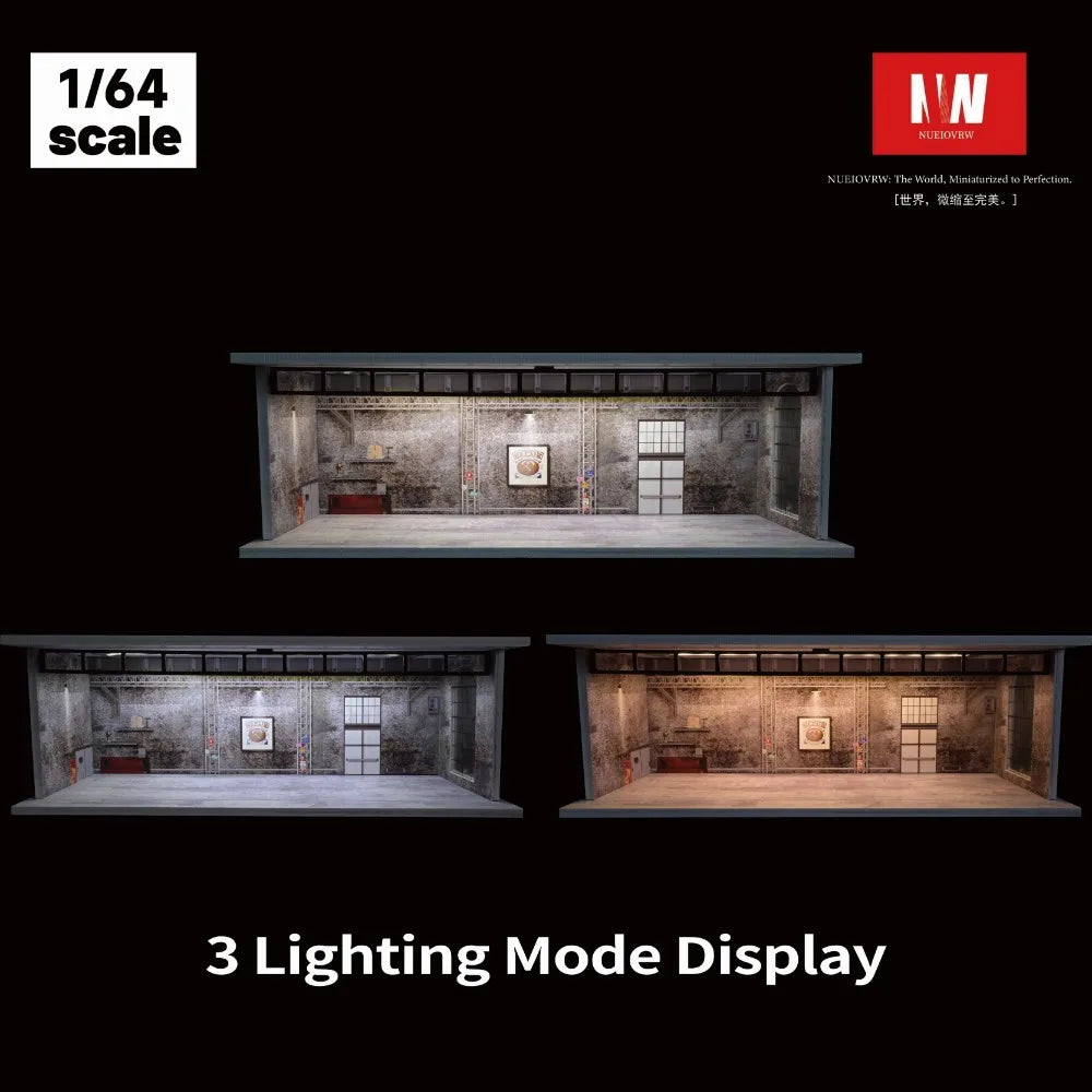 A display of a 1:64 scale modular car garage featuring an acrylic showcase with various details.